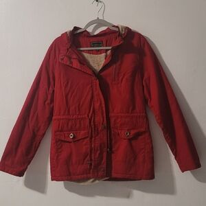 C’est Toi Red Hooded Jacket Sherpa Lined | Women’s Size L Cozy Winter